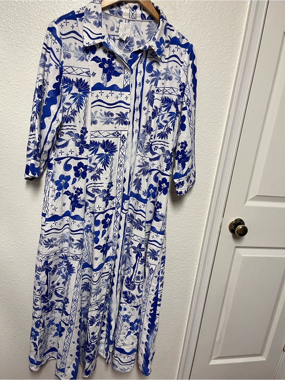 Joie White Size XL Maxi 3/4 Sleeve Dress LINEN BLEND COASTAL WHITE BLUE CLASSIC